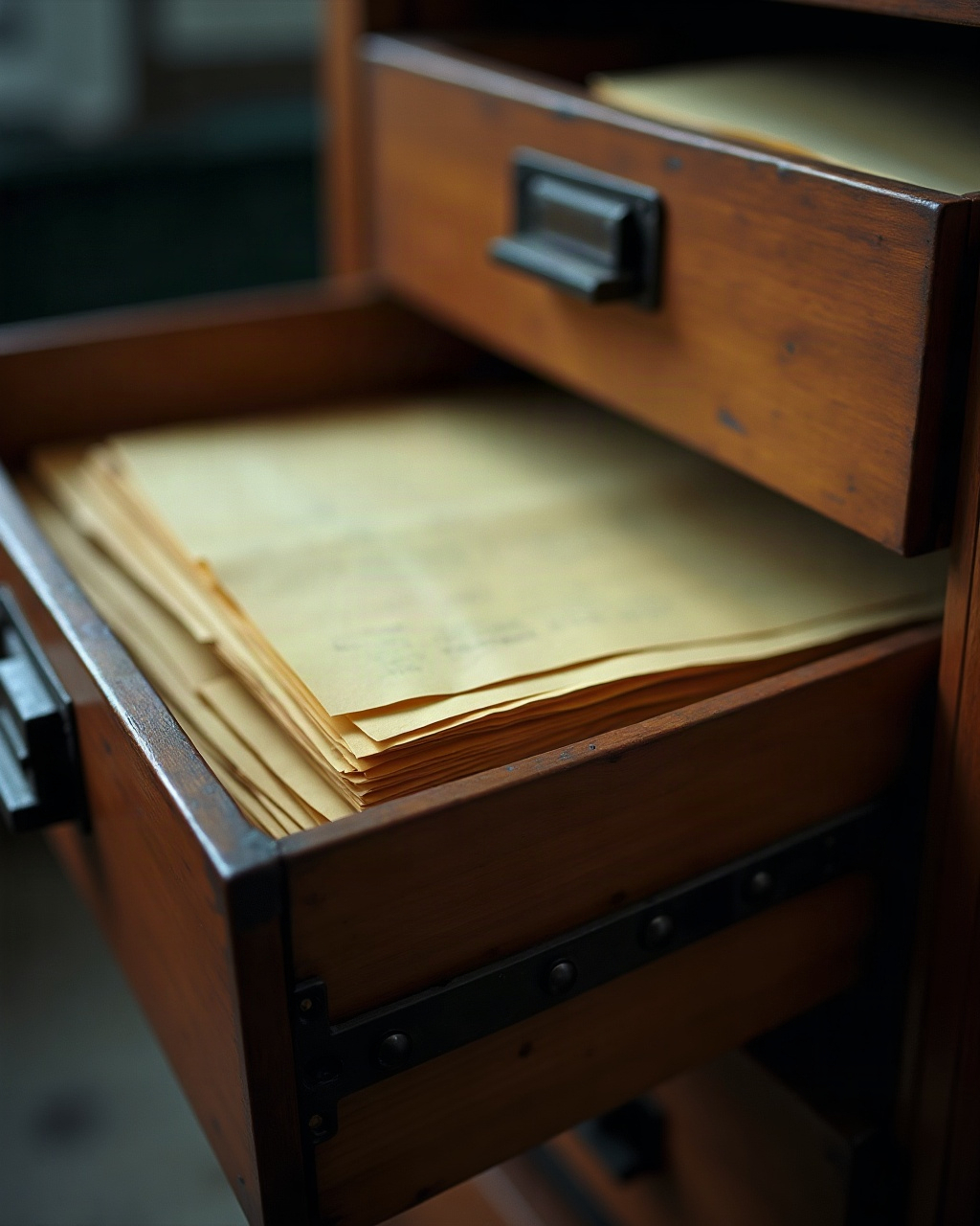 Cajón de archivo con cartas antiguas y papeles apilados, fuera de foco.