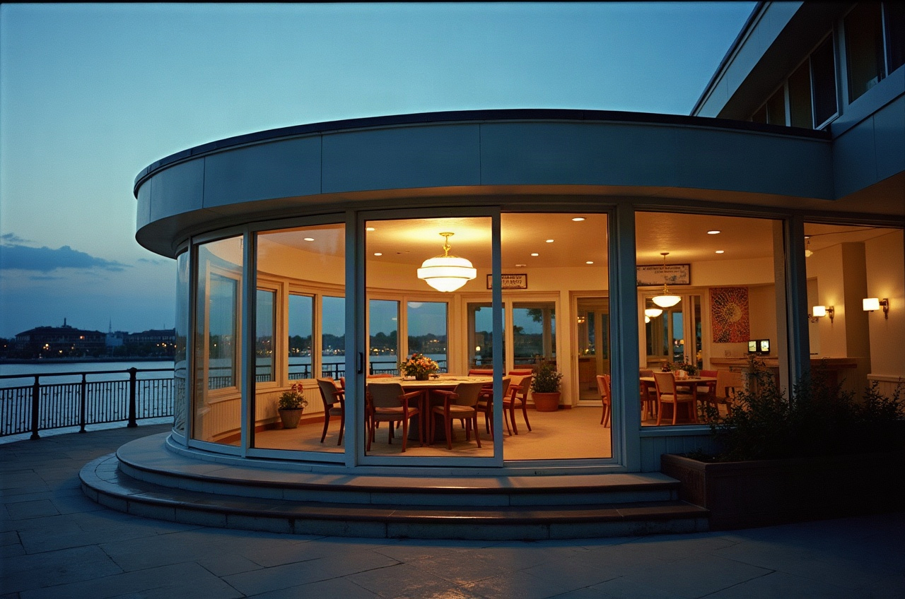 Salón circular de un hotel balneario de los años 70 visto a lo lejos al atardecer
