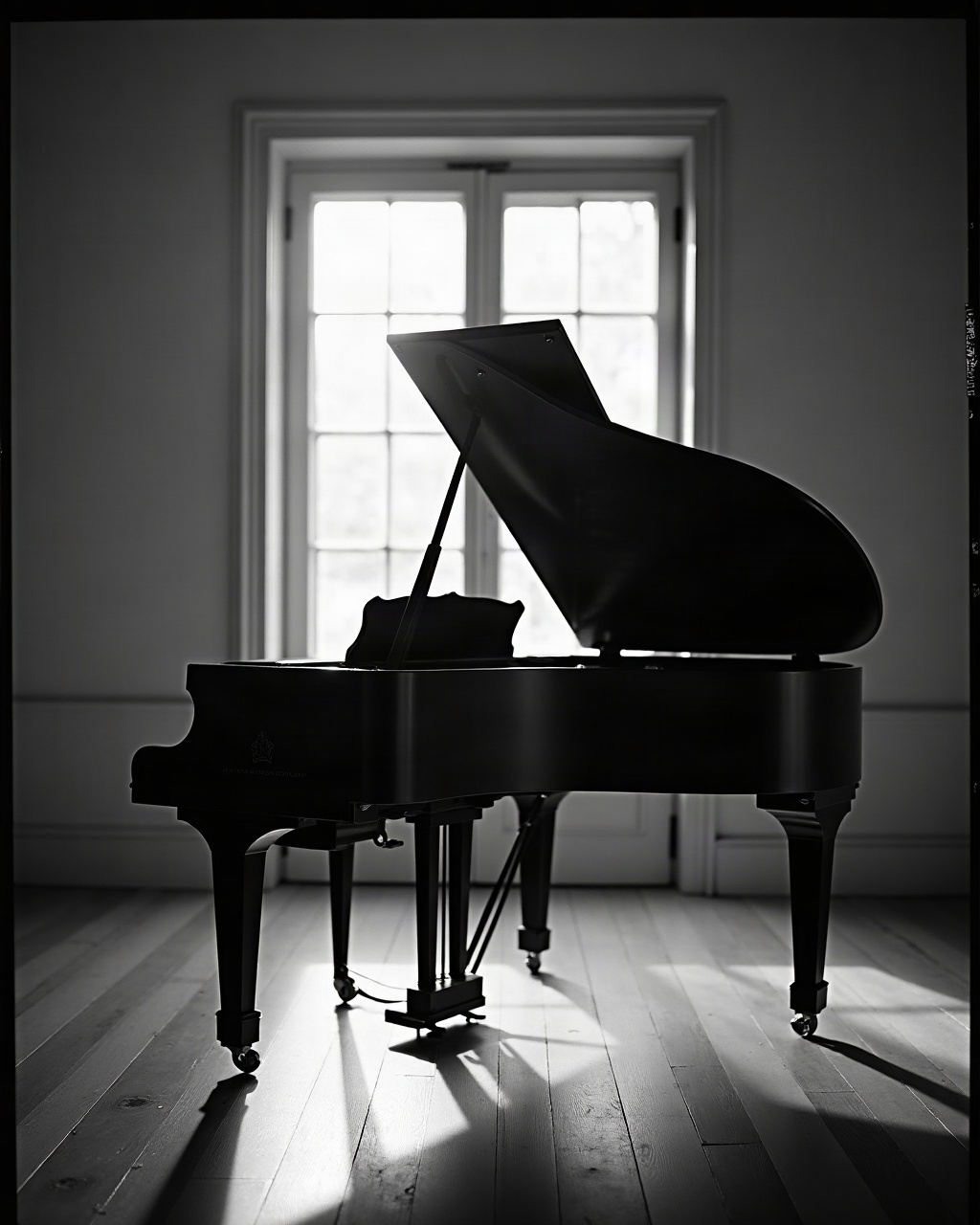 Piano de cola visto desde atrás en una sala vacía iluminada por luz lateral de ventana
